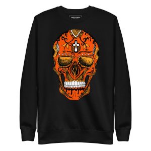 Day of the Dead sugar skull sweatshirt in black and orange with ribbed crew neck