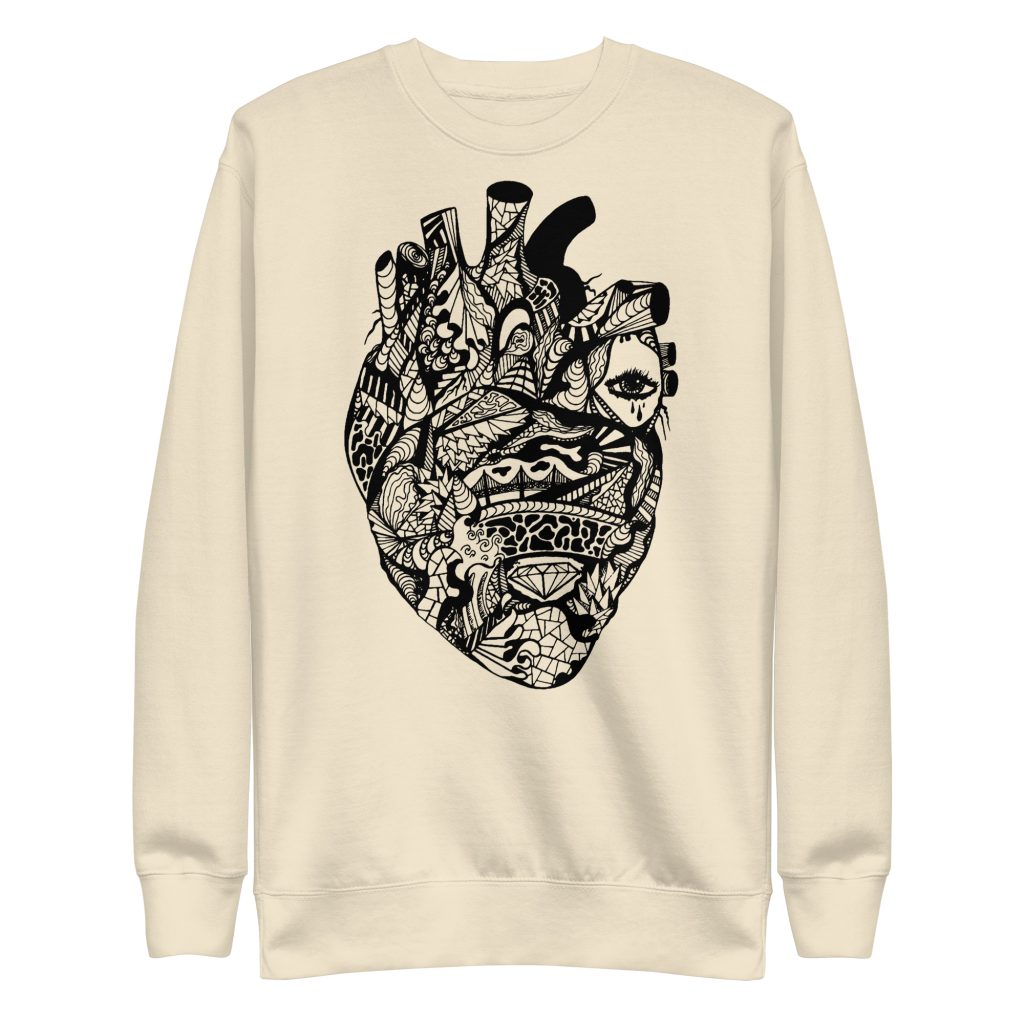 Crew neck sweatshirt featuring a transparent heart line art design with ribbed cuffs and flat hem.