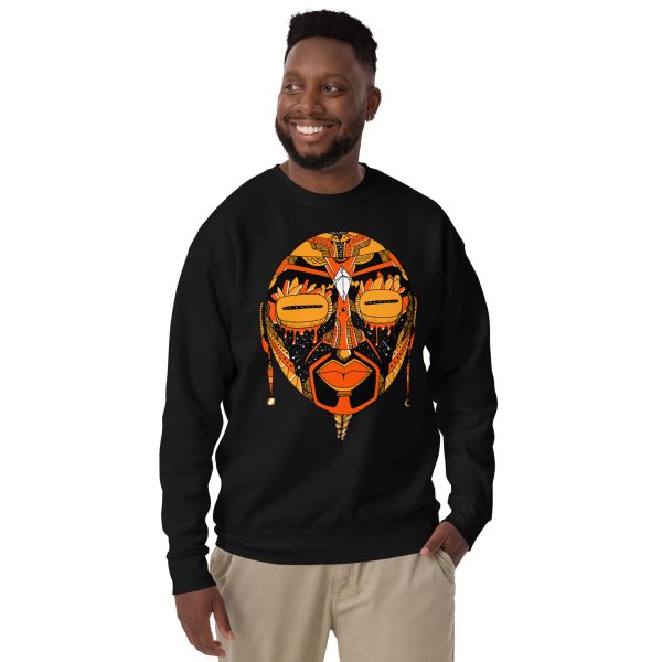 Unique African Mask Sweatshirt | Mask No. 2 Orange and Black Sweatshirt - Image 4