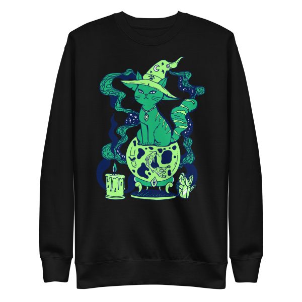 Green Cat Drawing “Magical Cat of Fortune” Cat Sweatshirt - Image 2