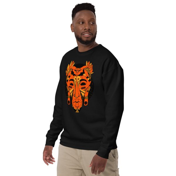 Unique African Mask Sweatshirt | Mask No. 1 Orange and Black Sweatshirt - Image 3