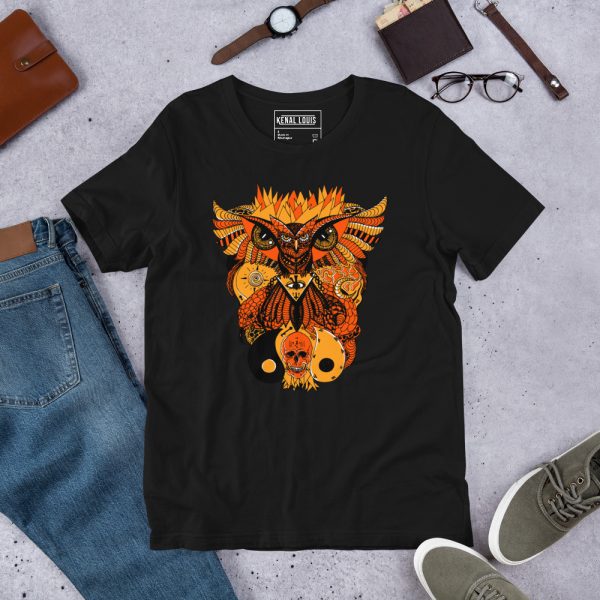 Black and Orange T-shirt "Wide Owl and Ageless Skull" Orange Shirt - Image 4