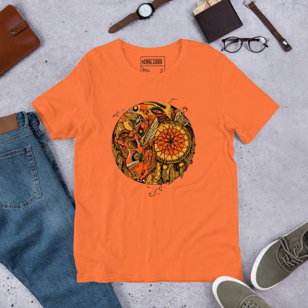 Mystical Skull Orange and Black T-Shirt | Gothic Sacred Skull Graphic Tee - Image 7