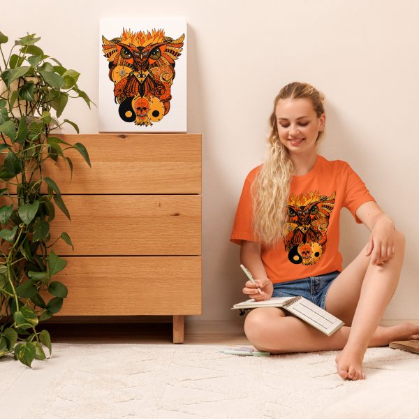 Black and Orange T-shirt "Wide Owl and Ageless Skull" Orange Shirt - Image 2