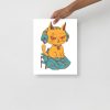 Minimal museum-quality cat art print of a wicked cat on a heart displayed on matte paper