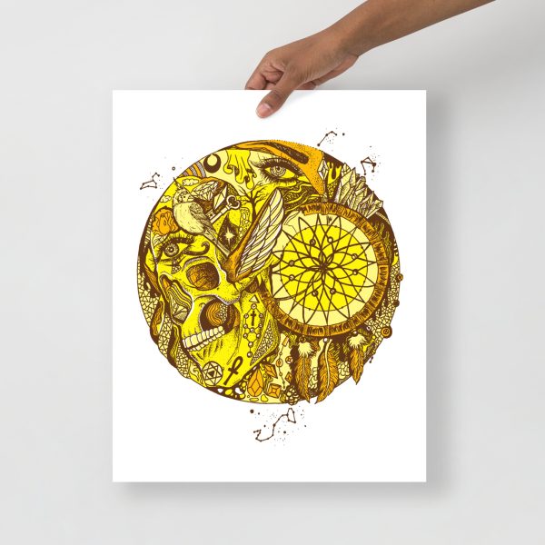 Yellow skull and dreamcatcher circle drawing on matte museum-quality art print