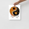 Orange and black celestial yin yang art print with dripping design on matte museum-quality paper