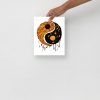 Orange and black yin yang art print with dripping celestial design on matte wall decor