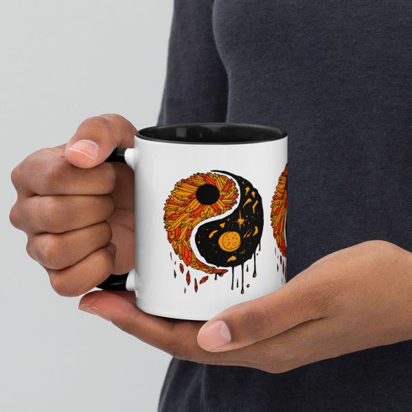 Orange and black yin yang coffee mug with colorful rim and handle for fall drinkware