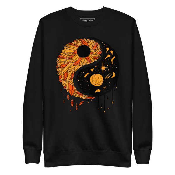 Orange and black yin yang sweatshirt with ribbed crew neck and long sleeves for fall streetwear