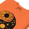 Orange and black yin yang t-shirt with circle graphic design on lightweight cotton fall tee