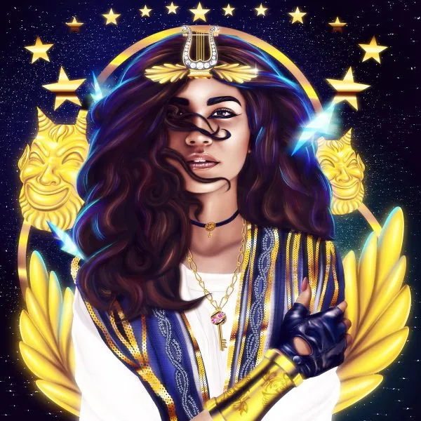 Zendaya-inspired digital art portrait with flowing hair, golden lyre crown, celestial elements, and sun motifs against deep blue starry background