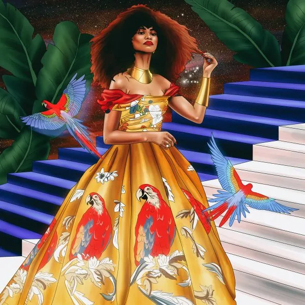 Vibrant digital art portrait of woman with afro hairstyle in tropical golden gown with parrots, set against blue and green architectural stairs