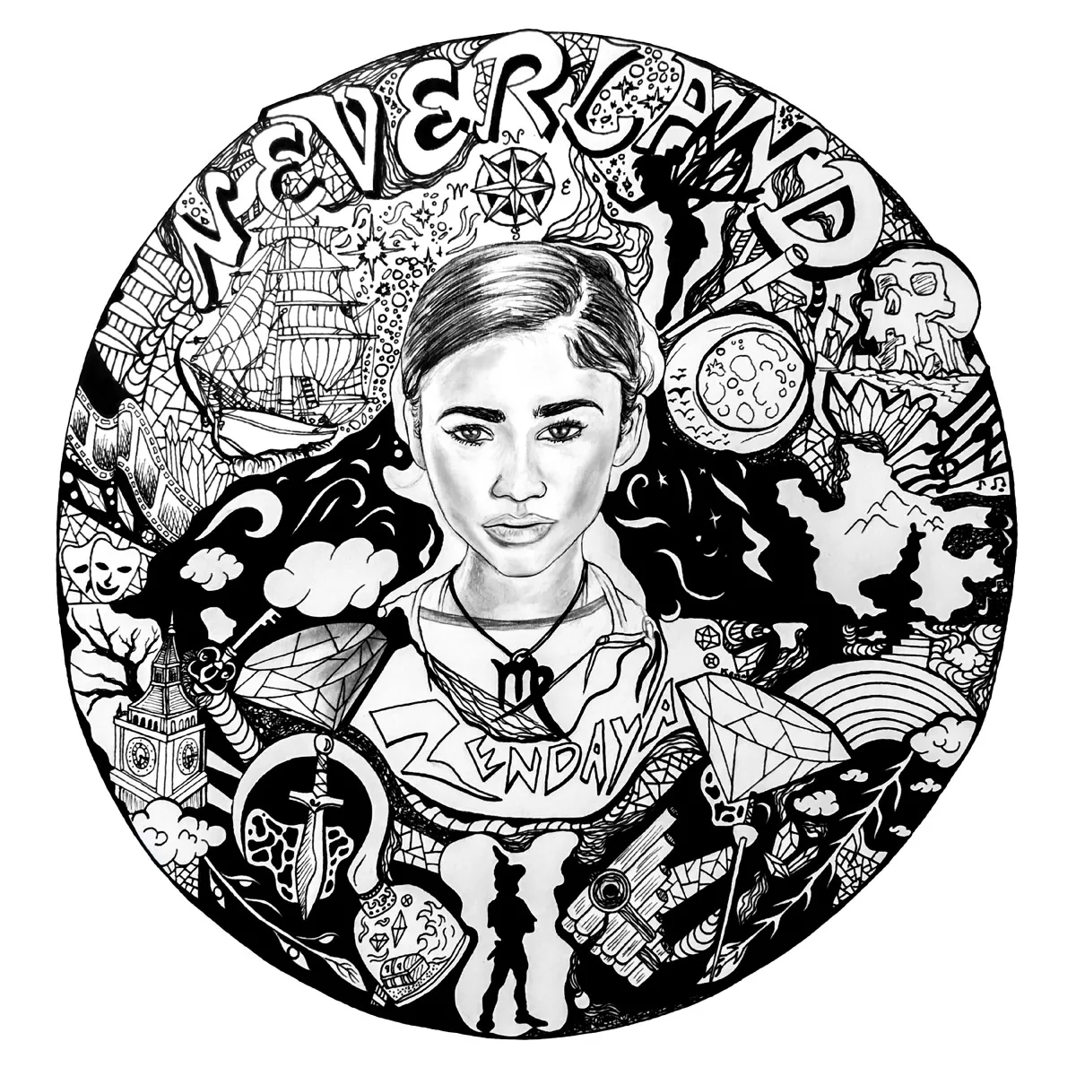 Black and white ink drawing portrait in circular composition with 'Neverland' lettering and detailed pen illustrations