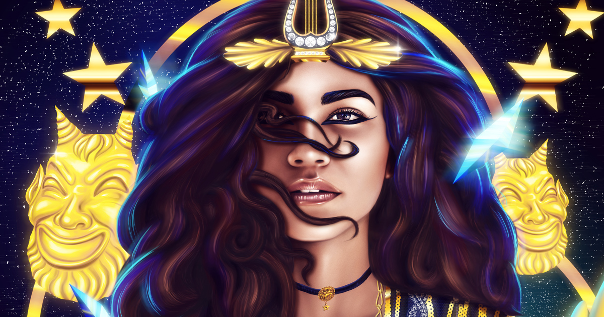 Digital portrait art featuring a woman with flowing dark hair and golden lyre crown headpiece, surrounded by celestial sun faces and stars against a deep blue cosmic background - mystical goddess art collection with spiritual and afrocentric themes