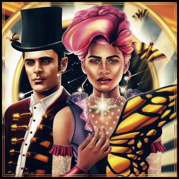 Whimsical digital portrait art of couple with butterfly wings in Victorian-inspired attire, magical sparkles and golden frame design