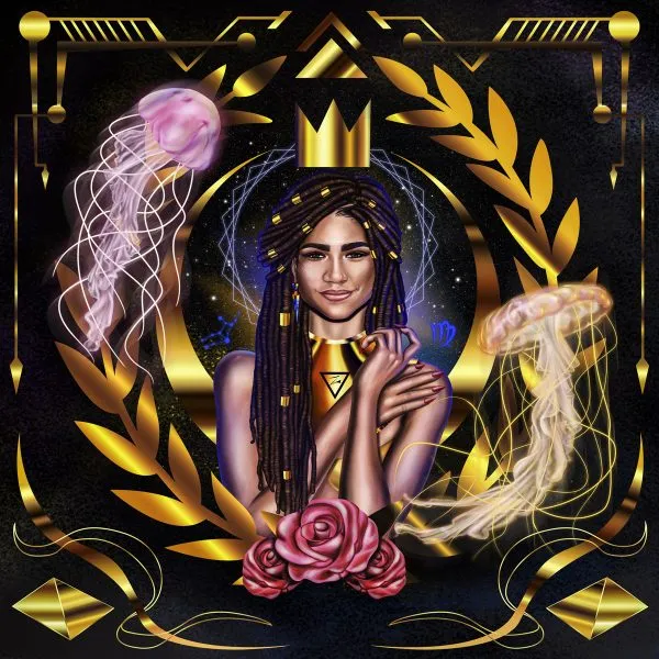 Art deco style digital portrait featuring woman with locs, golden crown, holding jellyfish, with geometric gold frame and celestial elements