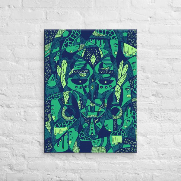 Green Afrocentric African mask art canvas print featuring Atok and 12 tribe chiefs