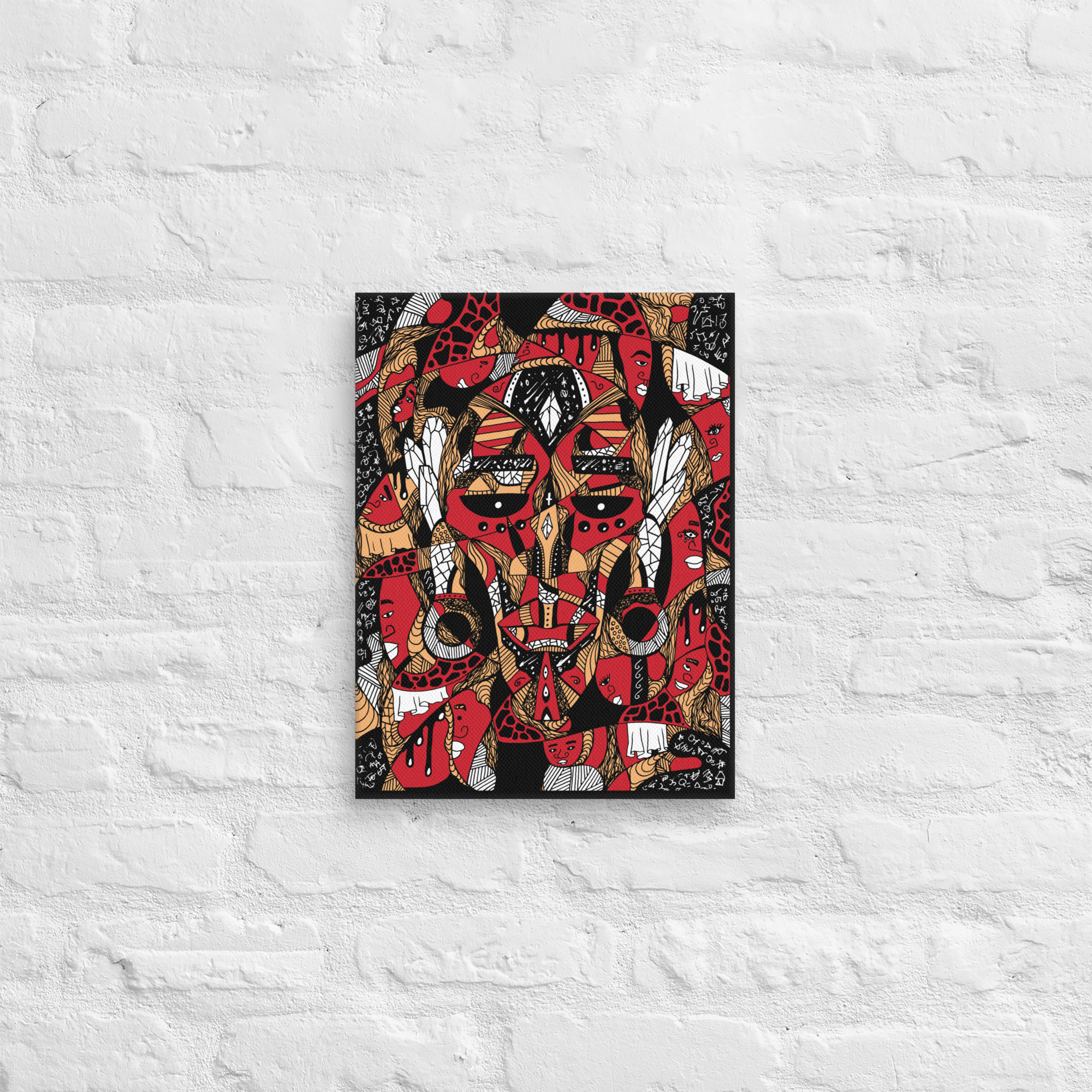 Royal red Afrocentric canvas art featuring Atok and 12 tribe chiefs African mask print