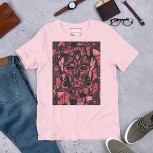 Mauve rose Afrocentric t-shirt featuring African mask art print in soft ring-spun cotton