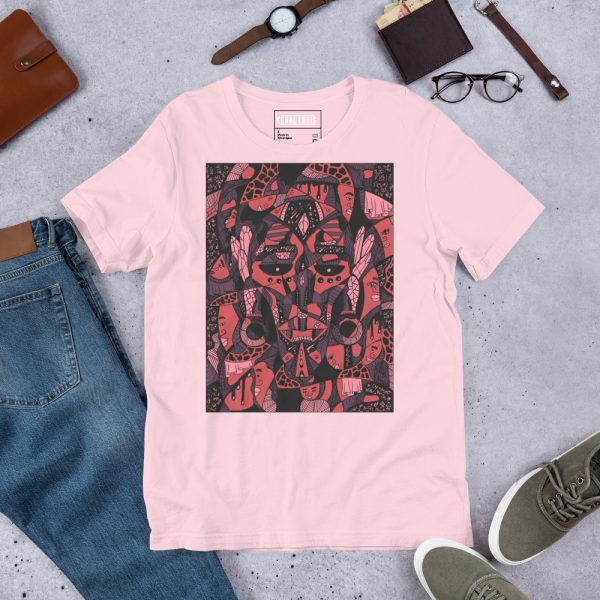 Mauve rose Afrocentric t-shirt featuring African mask art print in soft ring-spun cotton
