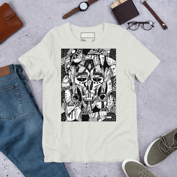 Afrocentric t-shirt featuring colorful African mask art print in soft cotton fabric