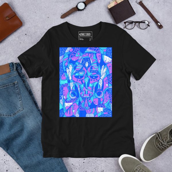 Blue Afrocentric t-shirt featuring African mask art print in soft ring-spun cotton