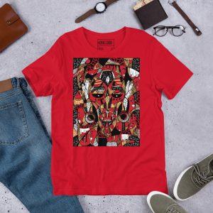 Royal red Afrocentric fashion t-shirt featuring African mask art print in soft cotton