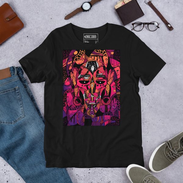 Sunset afrocentric fashion t-shirt featuring African mask art in soft ring-spun cotton