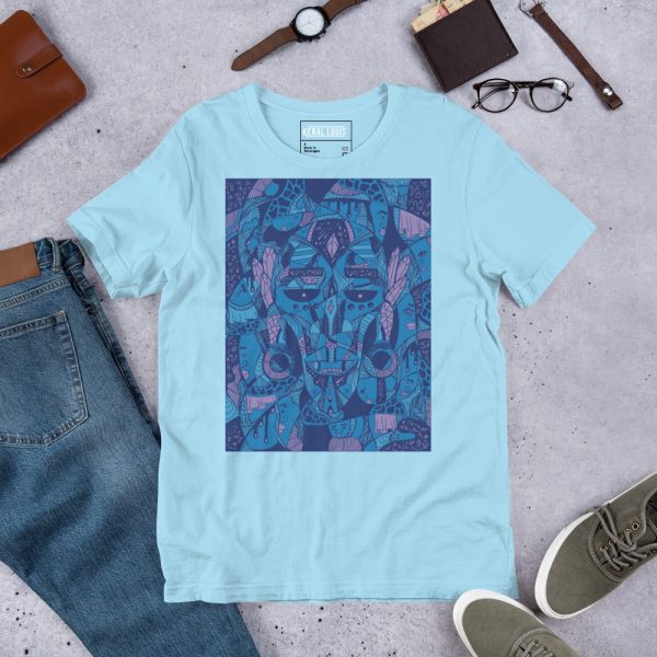 Mountain blue afrocentric t-shirt featuring colorful African mask art print