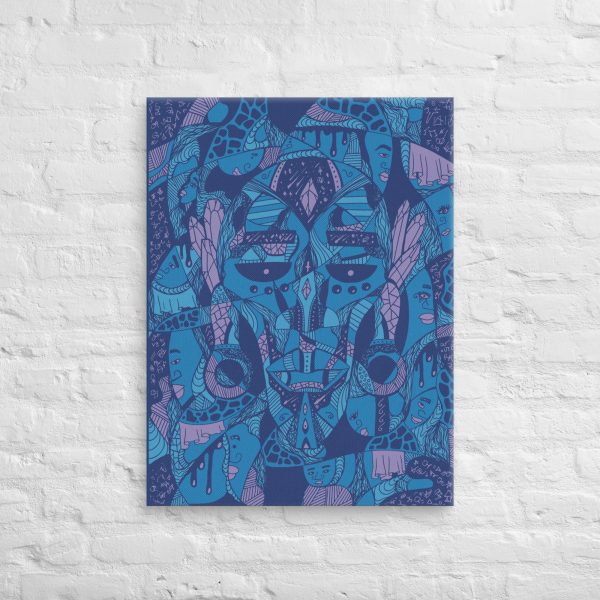 Mountain blue Afrocentric canvas print depicting Atok and the 12 tribe chiefs African mask art