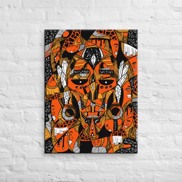 Black and orange Afrocentric African mask canvas art depicting Atok and 12 Tribe Chiefs
