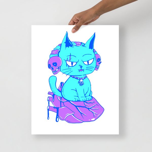 Blue cat art print featuring a wicked cat on a heart on matte museum-quality paper