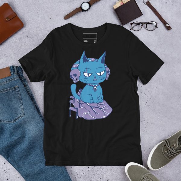 Mountain blue cat t-shirt featuring a wicked cat on a heart design