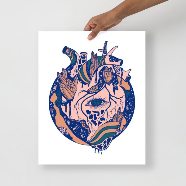 Pink anatomical heart art print titled Cosmic Heart on thick matte poster paper