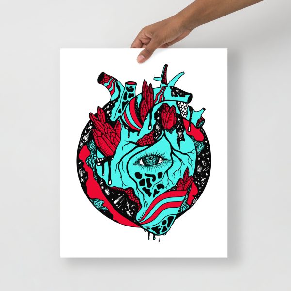 Turquoise and red anatomical Cosmic Heart art print on museum-quality matte poster paper