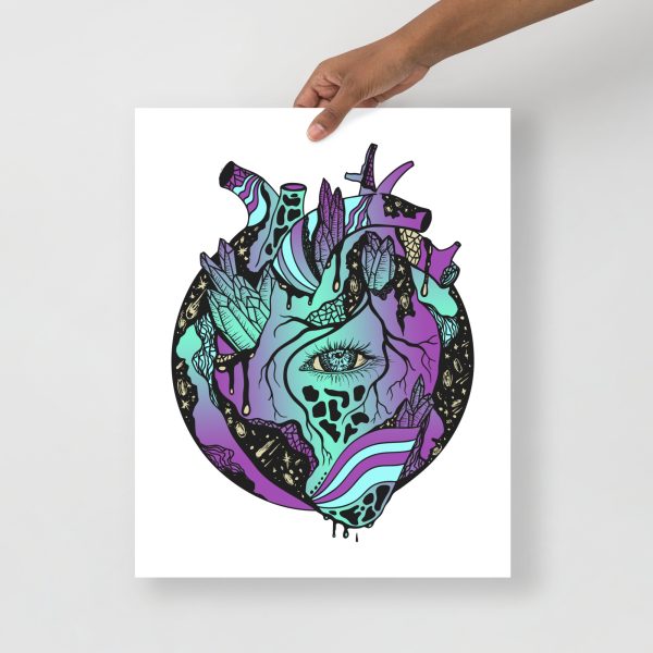 Purple anatomical heart art print titled Cosmic Heart on matte museum-quality paper