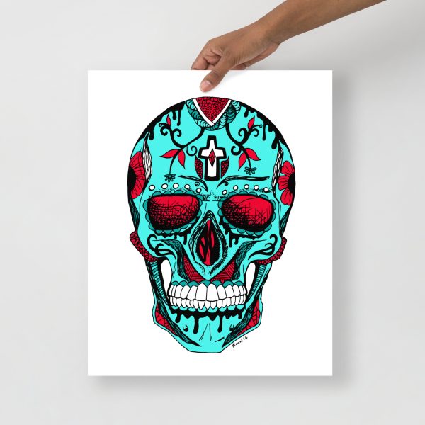 Turquoise and red Day of the Dead skull art print on matte museum-quality paper