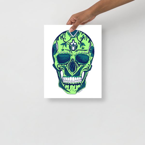 Green Day of the Dead Skull Artwork "Los Muertos" Skull Drawing - Image 2