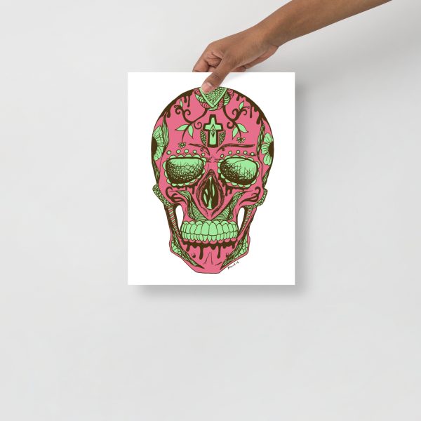 Pink and Green Day of the Dead Skull Artwork "Los Muertos" Skull Drawing - Image 2