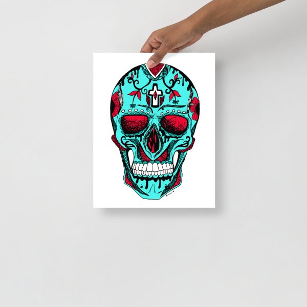 Turquoise Red Day of the Dead Skull Artwork "Los Muertos" Skull Drawing - Image 2