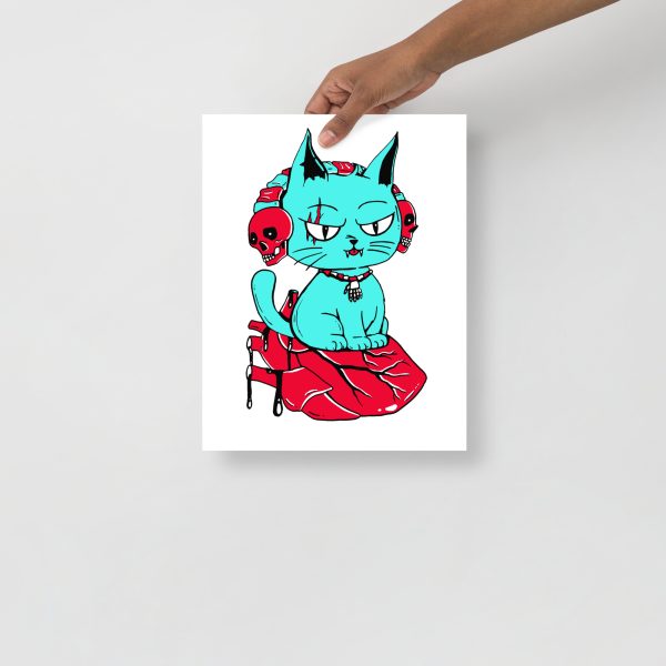 Turquoise Red Cat Drawing “Wicked Cat on a Heart” Cat Art Print - Image 2