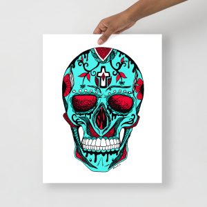 Turquoise Red Day of the Dead Skull Artwork "Los Muertos" Skull Drawing