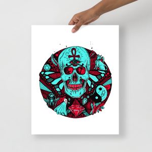 Turquoise Red Skull Artwork "Circle of Humanity" Skull Drawing