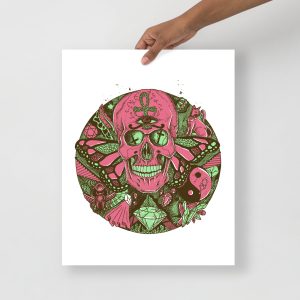 Pink and Green Skull Artwork "Circle of Humanity" Skull Drawing