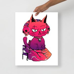 Sunset Cat Drawing “Wicked Cat on a Heart” Cat Art Print