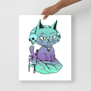 Purple Cat Drawing “Wicked Cat on a Heart” Cat Art Print