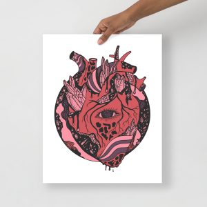 Mauve Rose Heart Drawing “Cosmic Heart” Anatomical Heart Art Print