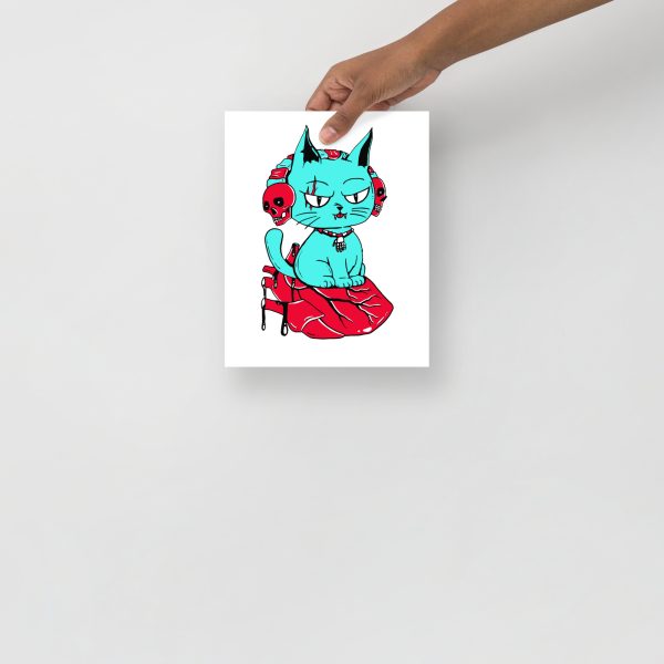 Turquoise Red Cat Drawing “Wicked Cat on a Heart” Cat Art Print - Image 3