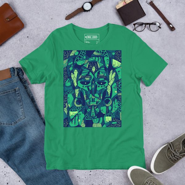 Green Afrocentric fashion t-shirt featuring African mask art print in soft ring-spun cotton